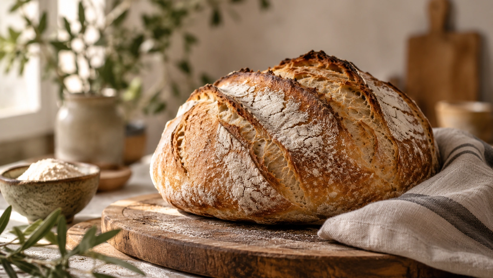 Artisan sourdough loaf on a linen cloth