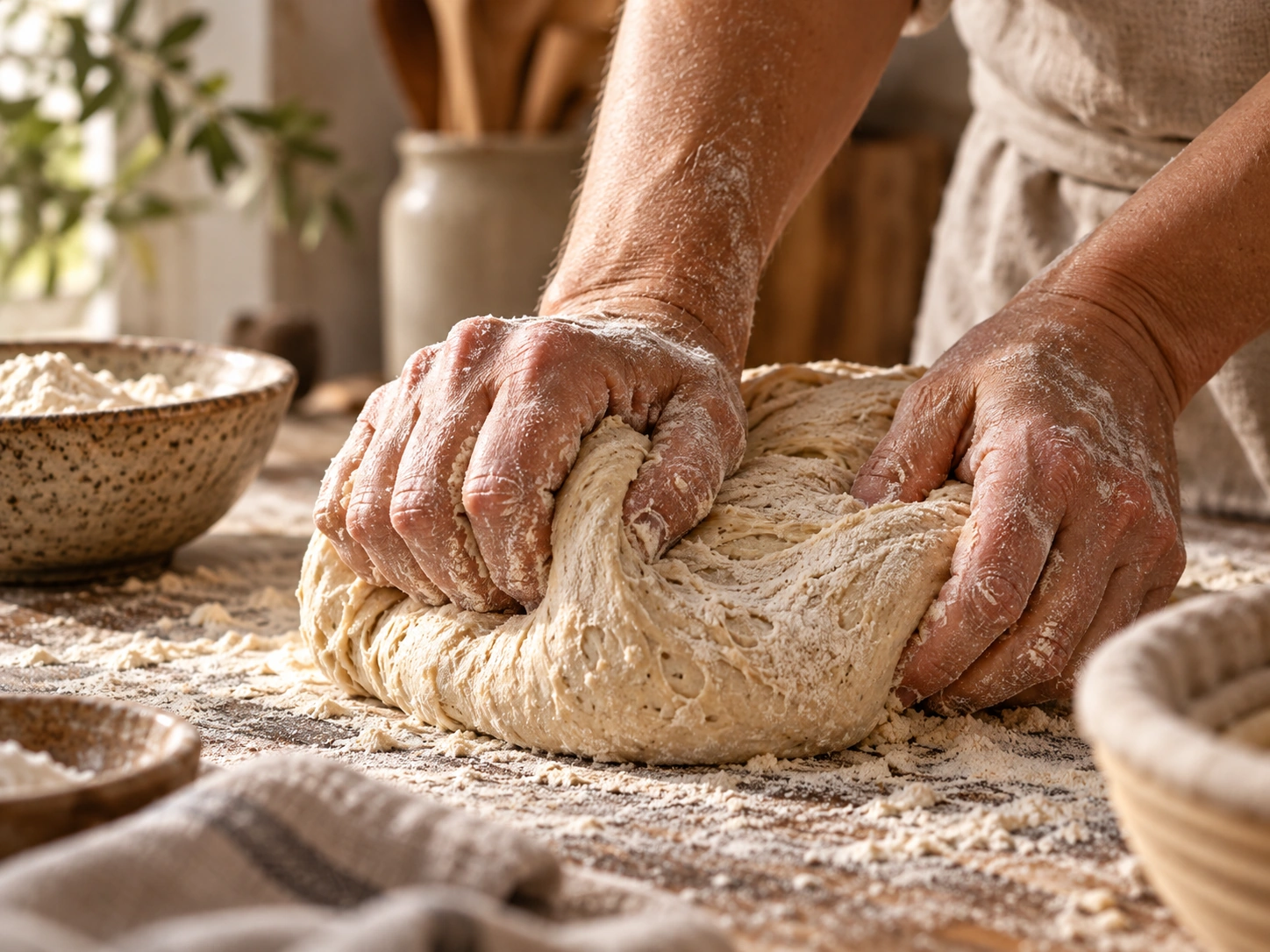 Hands kneading bread dough